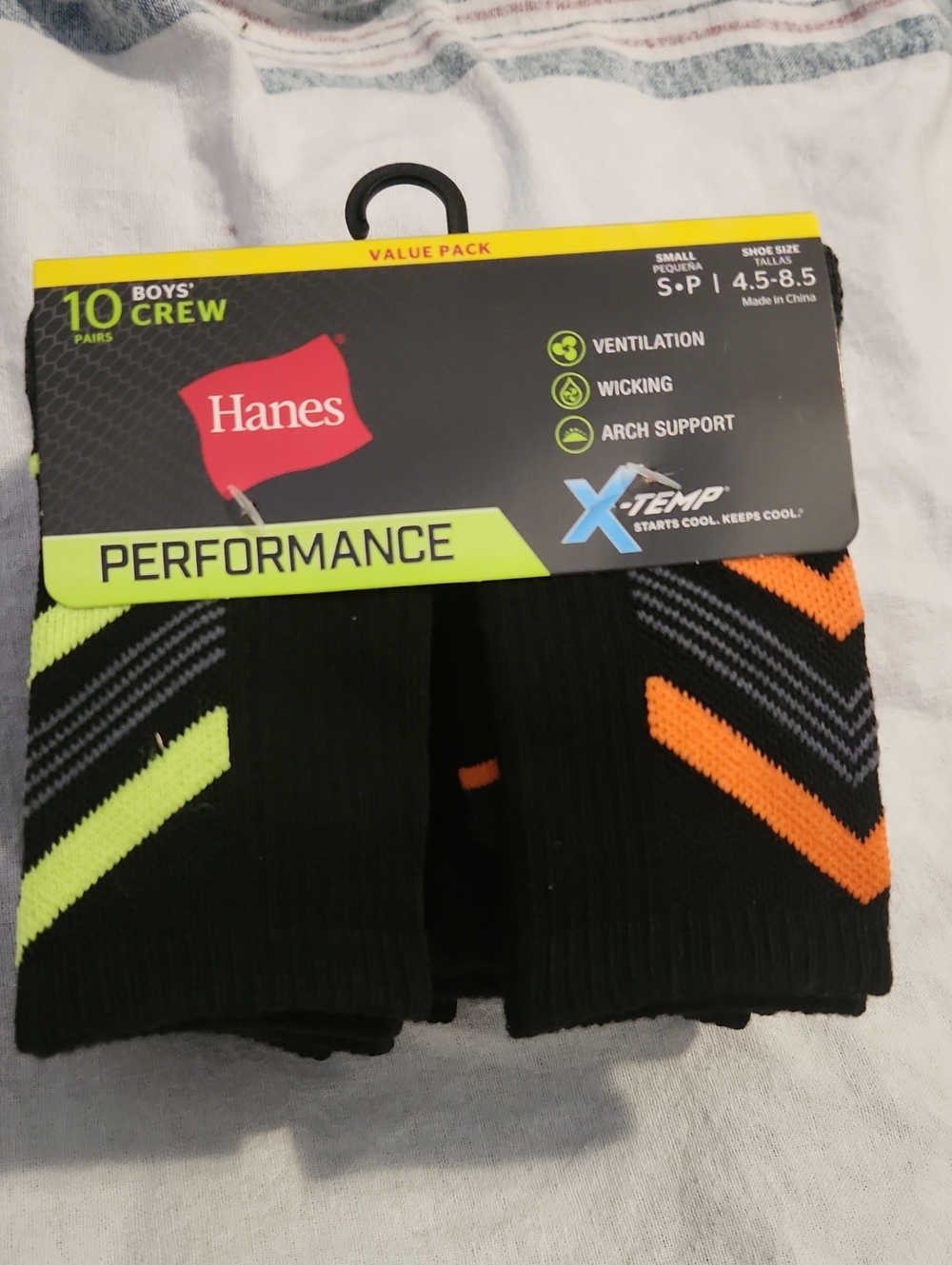 Hanes Boys Performance Crew Socks - Black with Neon Green & Orange Accent